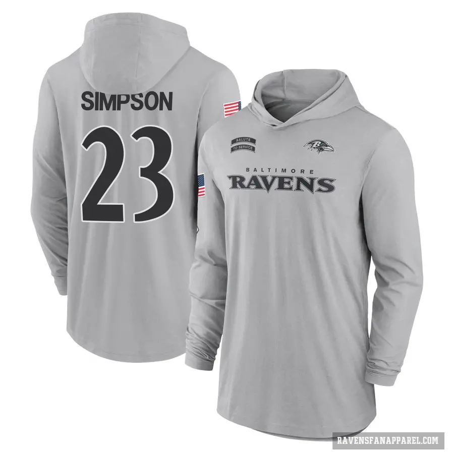 Men's ＃23 Trenton Simpson Baltimore Ravens Gray 2024 Salute to Service Lightweight Performance Long Sleeve Hooded T-Shirt