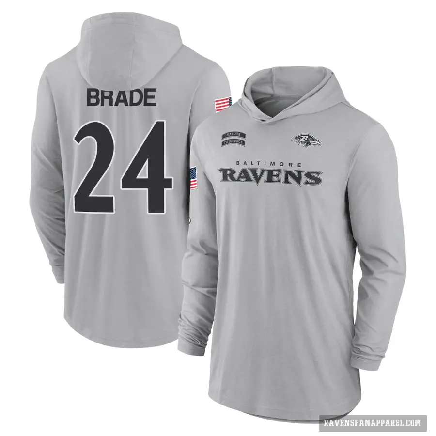 Men's ＃24 Beau Brade Baltimore Ravens Gray 2024 Salute to Service Lightweight Performance Long Sleeve Hooded T-Shirt