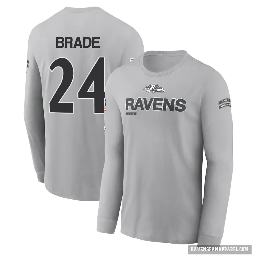 Men's ＃24 Beau Brade Baltimore Ravens Gray 2024 Salute to Service Long Sleeve T-Shirt