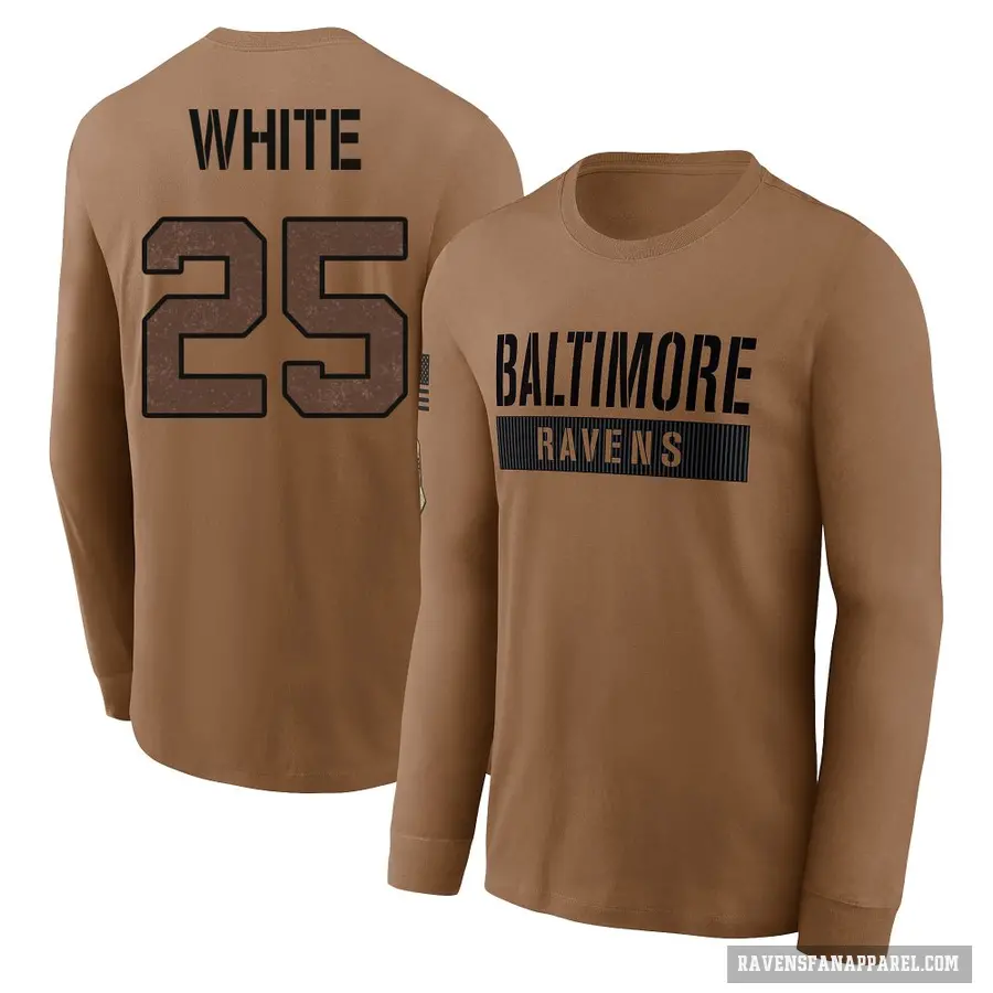 Men's ＃25 Tre'Davious White Baltimore Ravens White / Brown 2023 Salute To Service Long Sleeve T-Shirt