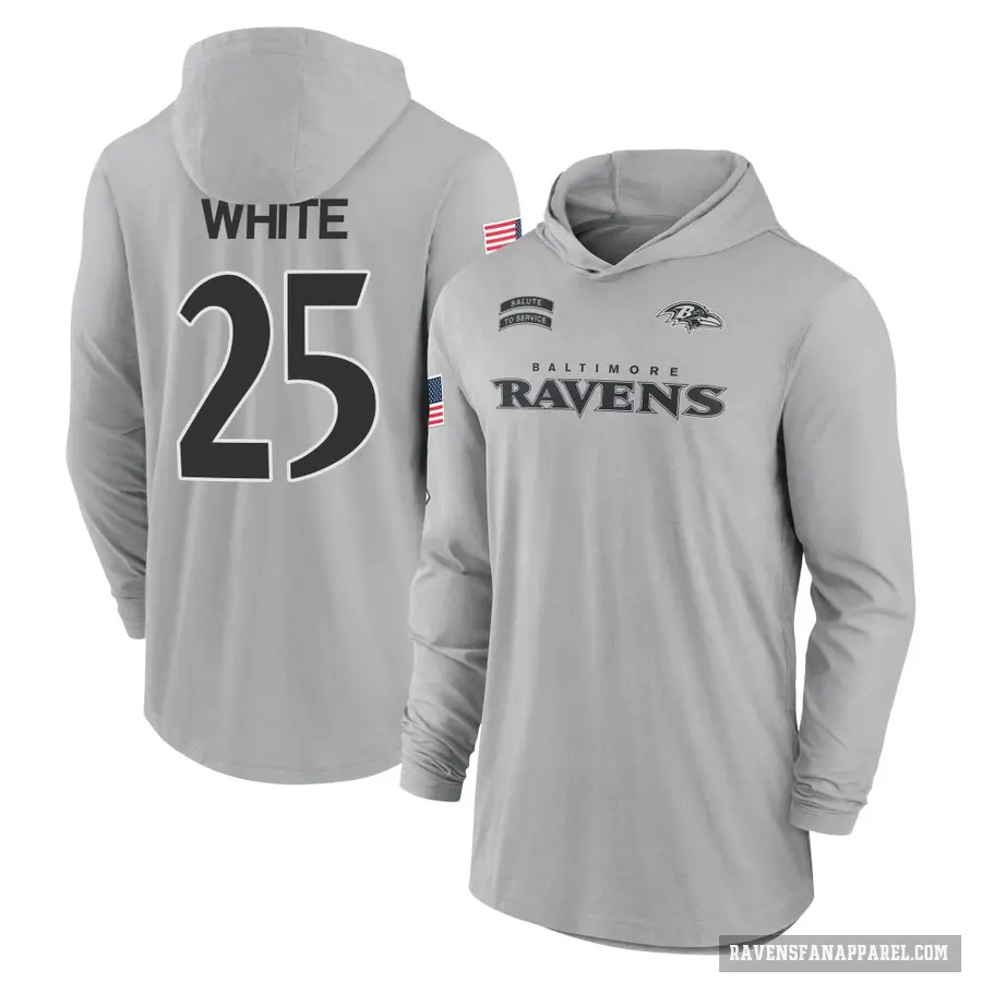 Men's ＃25 Tre'Davious White Baltimore Ravens White Gray 2024 Salute to Service Lightweight Performance Long Sleeve Hooded T-Shir