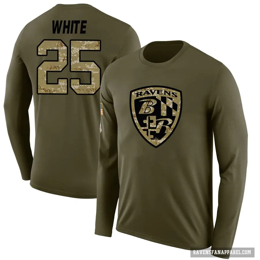 Men's ＃25 Tre'Davious White Baltimore Ravens White Salute to Service Sideline Olive Long Sleeve T-Shirt