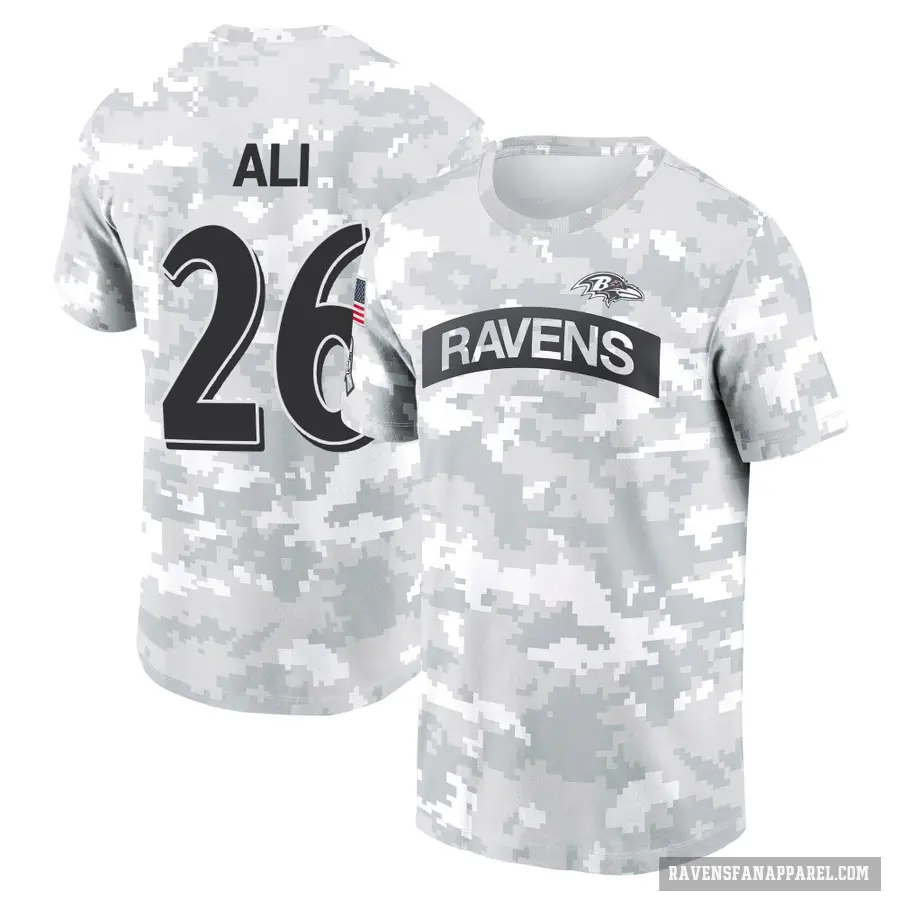 Men's ＃26 Rasheen Ali Baltimore Ravens Camo Arctic 2024 Salute to Service Performance T-Shirt