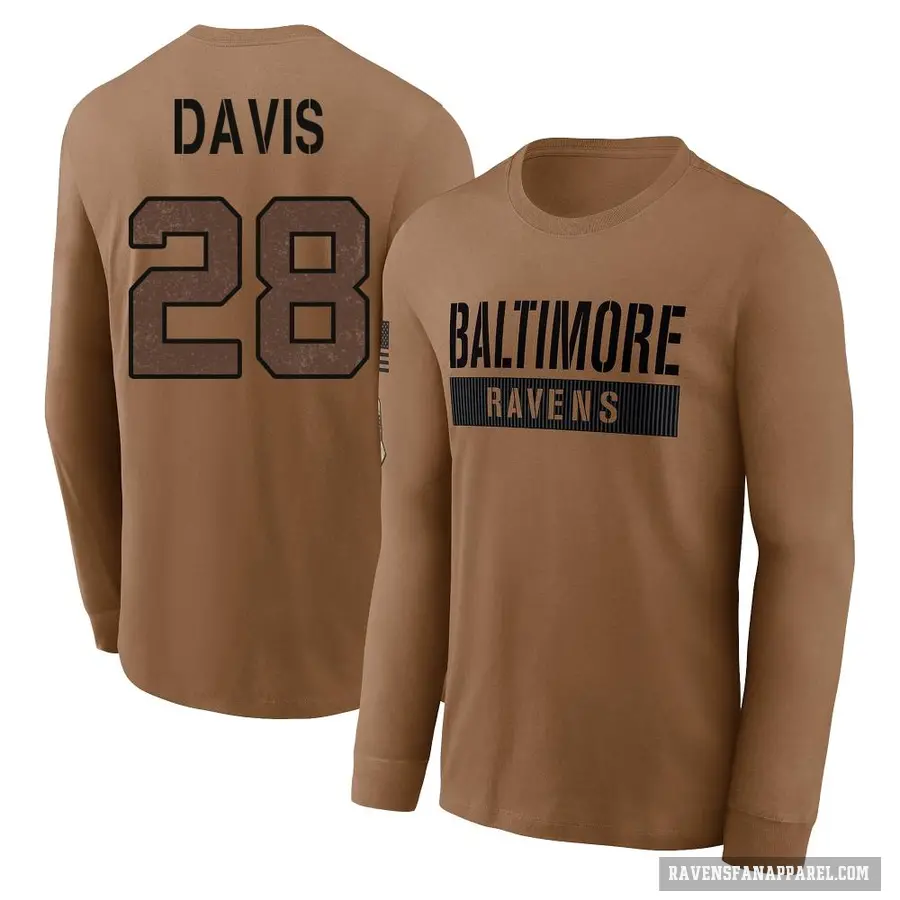 Men's ＃28 Mike Davis Baltimore Ravens Brown / 2023 Salute To Service Long Sleeve T-Shirt