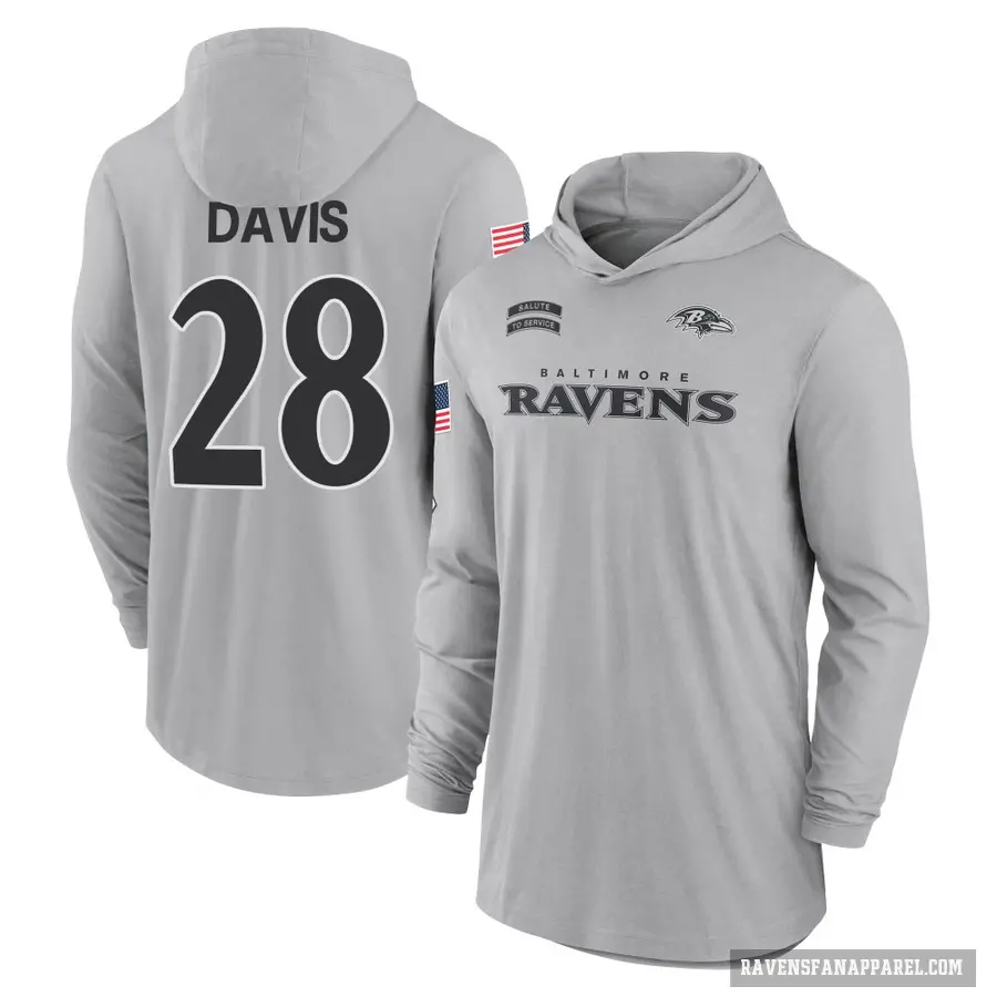 Men's ＃28 Mike Davis Baltimore Ravens Gray 2024 Salute to Service Lightweight Performance Long Sleeve Hooded T-Shirt