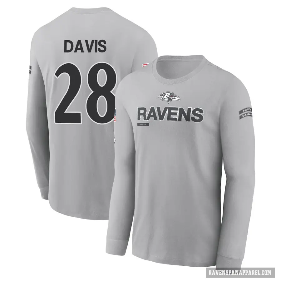 Men's ＃28 Mike Davis Baltimore Ravens Gray 2024 Salute to Service Long Sleeve T-Shirt