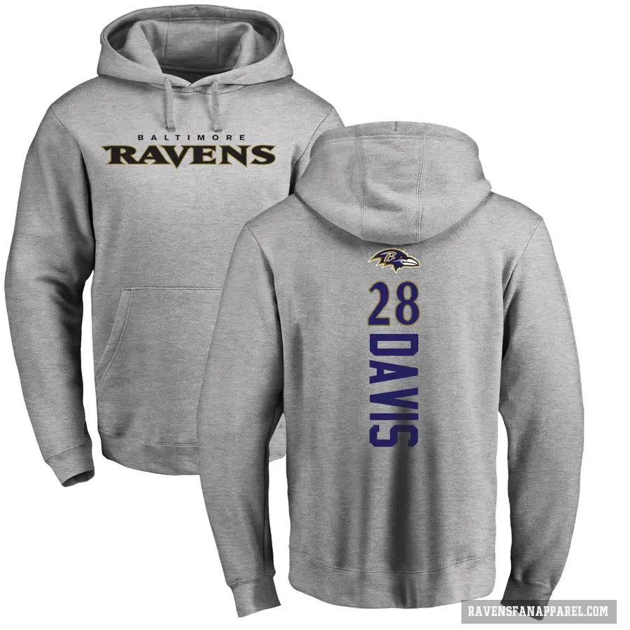 Men's ＃28 Mike Davis Baltimore Ravens Pro Line Ash Backer Pullover Hoodie