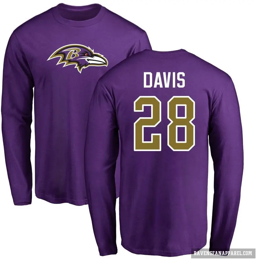 Men's ＃28 Mike Davis Baltimore Ravens Purple Logo Long Sleeve T-Shirt