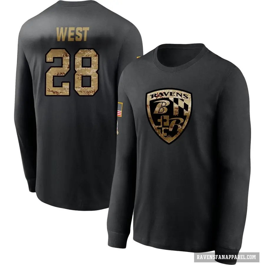 Men's ＃28 Terrance West Baltimore Ravens Black 2020 Salute To Service Sideline Performance Long Sleeve T-Shirt