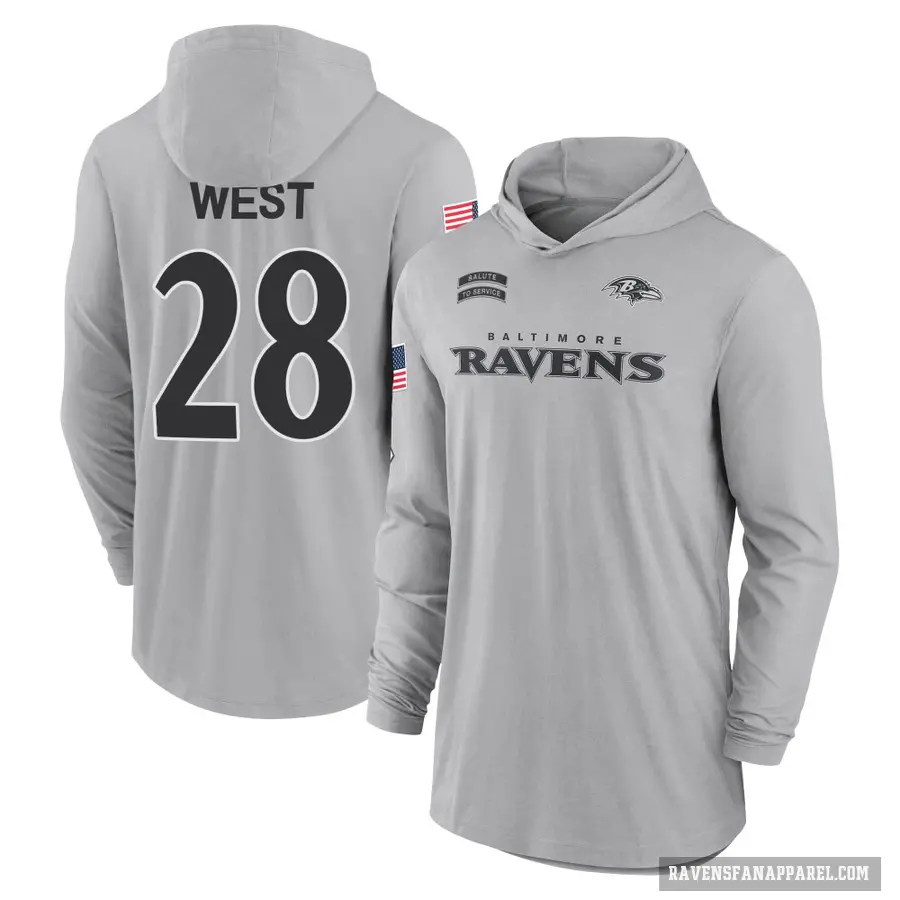 Men's ＃28 Terrance West Baltimore Ravens Gray 2024 Salute to Service Lightweight Performance Long Sleeve Hooded T-Shirt