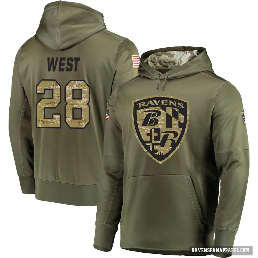 Men's ＃28 Terrance West Baltimore Ravens Olive Salute to Service Pullover Hoodie