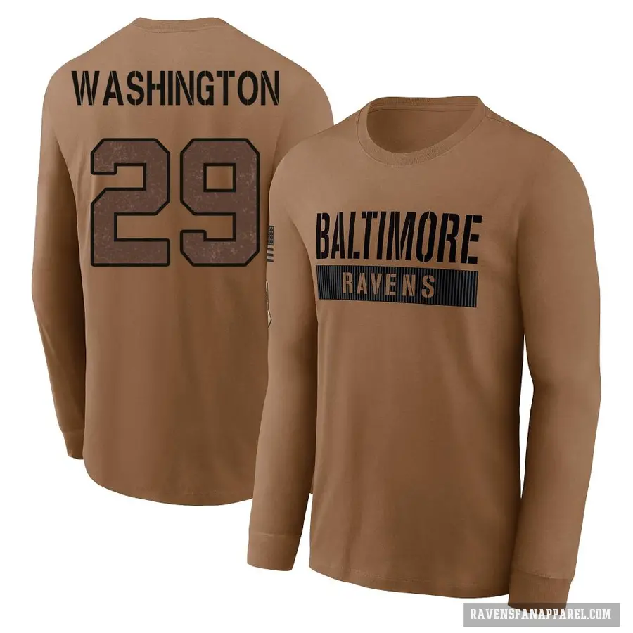 Men's ＃29 Ar'Darius Washington Baltimore Ravens Brown / 2023 Salute To Service Long Sleeve T-Shirt