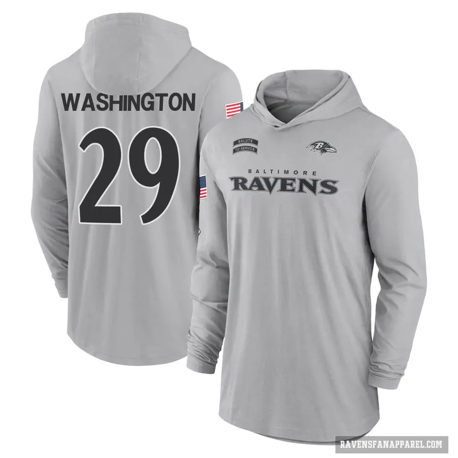 Men's ＃29 Ar'Darius Washington Baltimore Ravens Gray 2024 Salute to Service Lightweight Performance Long Sleeve Hooded T-Shirt