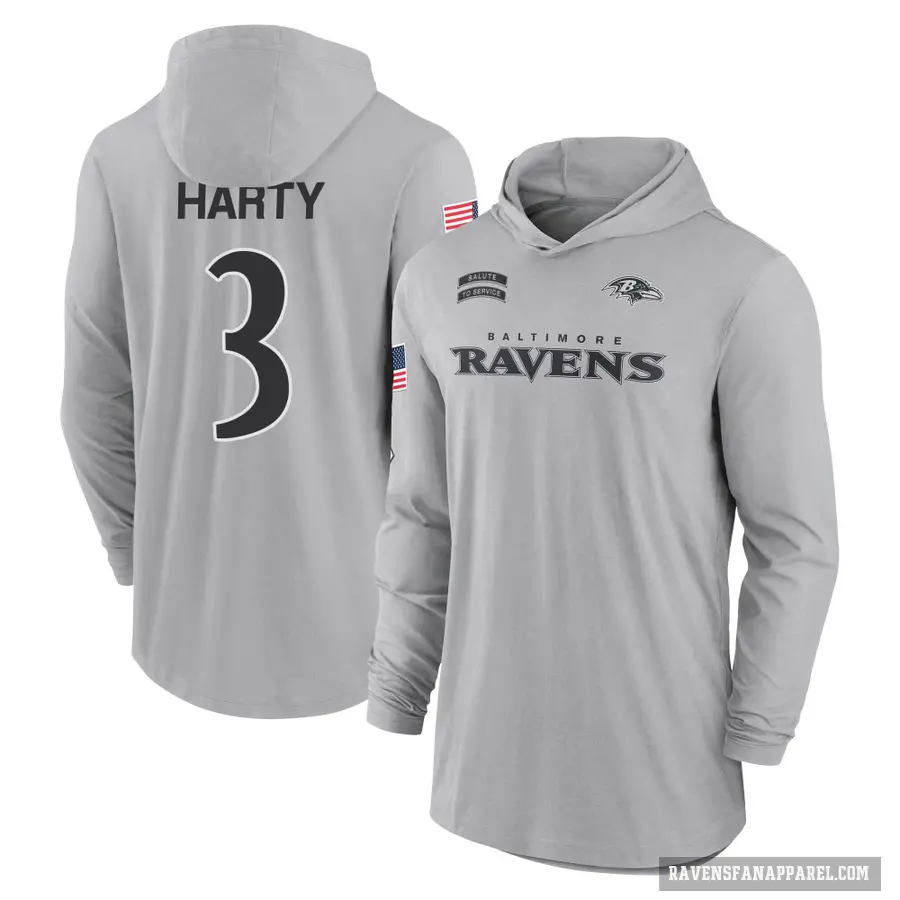 Men's ＃3 Deonte Harty Baltimore Ravens Gray 2024 Salute to Service Lightweight Performance Long Sleeve Hooded T-Shirt