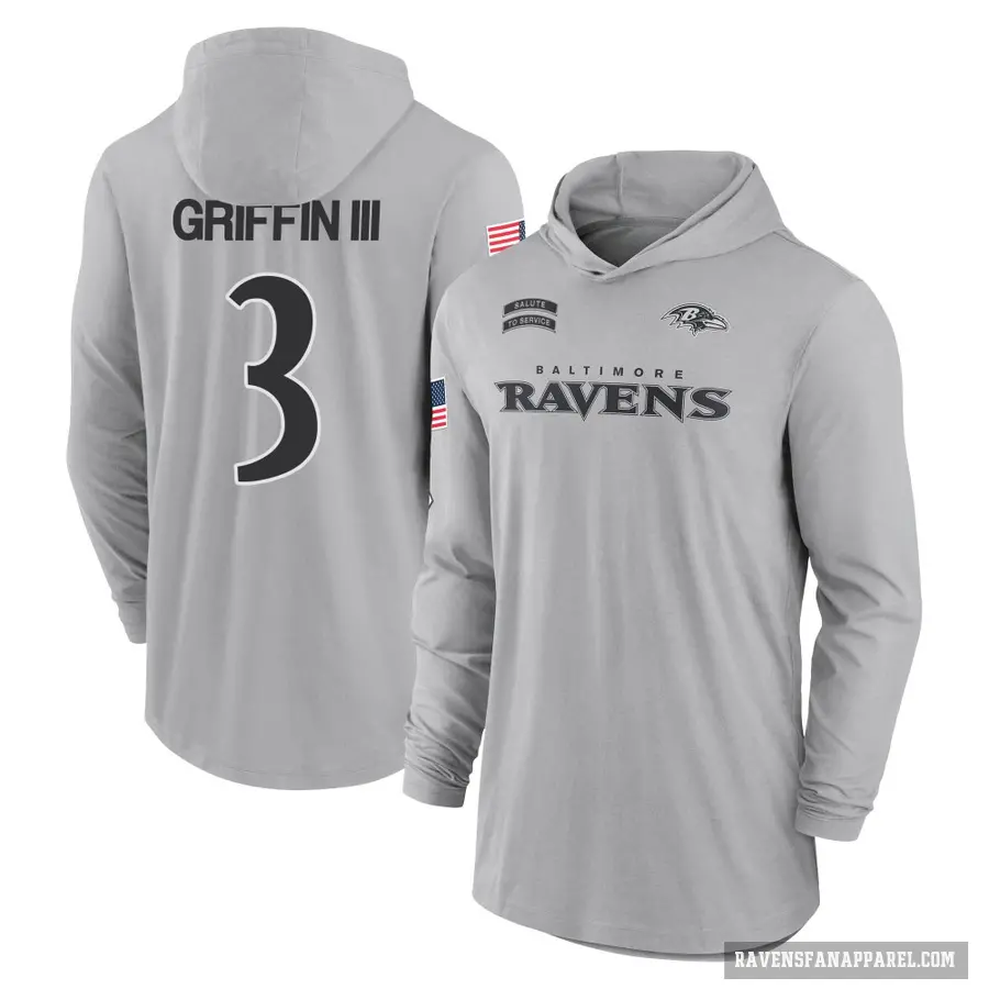 Men's ＃3 Robert Griffin III Baltimore Ravens Gray 2024 Salute to Service Lightweight Performance Long Sleeve Hooded T-Shirt