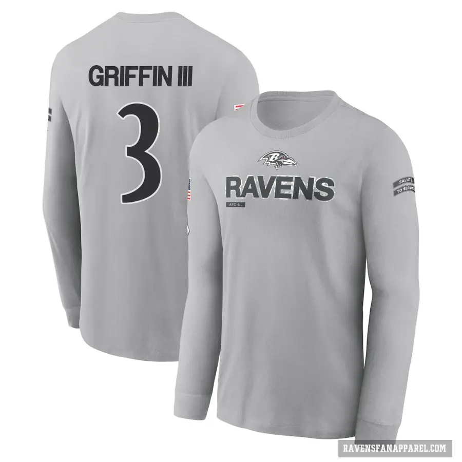 Men's ＃3 Robert Griffin III Baltimore Ravens Gray 2024 Salute to Service Long Sleeve T-Shirt