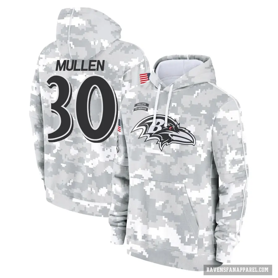 Men's ＃30 Trayvon Mullen Baltimore Ravens Arctic Camo 2024 Salute to Service Club Fleece Pullover Hoodie