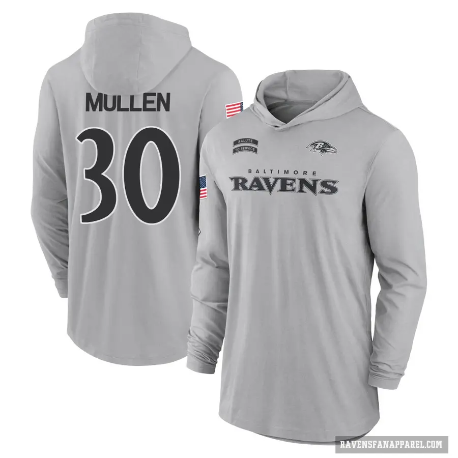 Men's ＃30 Trayvon Mullen Baltimore Ravens Gray 2024 Salute to Service Lightweight Performance Long Sleeve Hooded T-Shirt