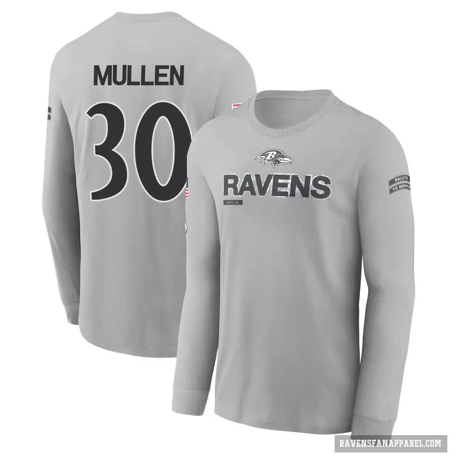 Men's ＃30 Trayvon Mullen Baltimore Ravens Gray 2024 Salute to Service Long Sleeve T-Shirt