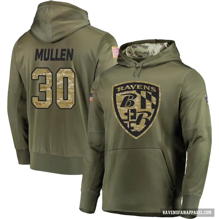 Men's ＃30 Trayvon Mullen Baltimore Ravens Olive Salute to Service Pullover Hoodie