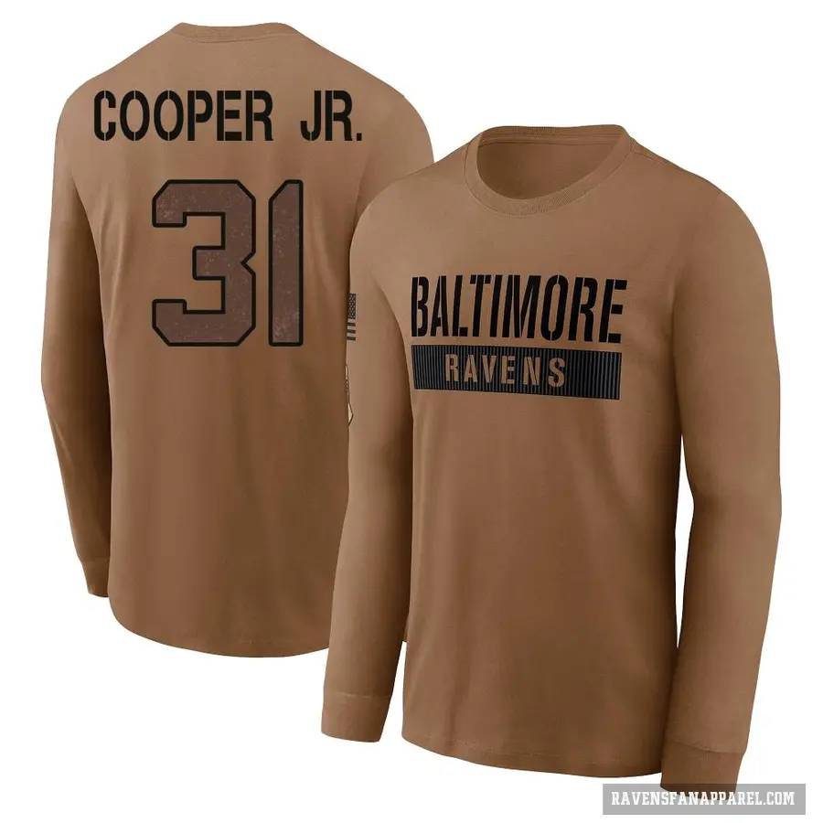 Men's ＃31 Bump Cooper Jr. Baltimore Ravens Brown / 2023 Salute To Service Long Sleeve T-Shirt