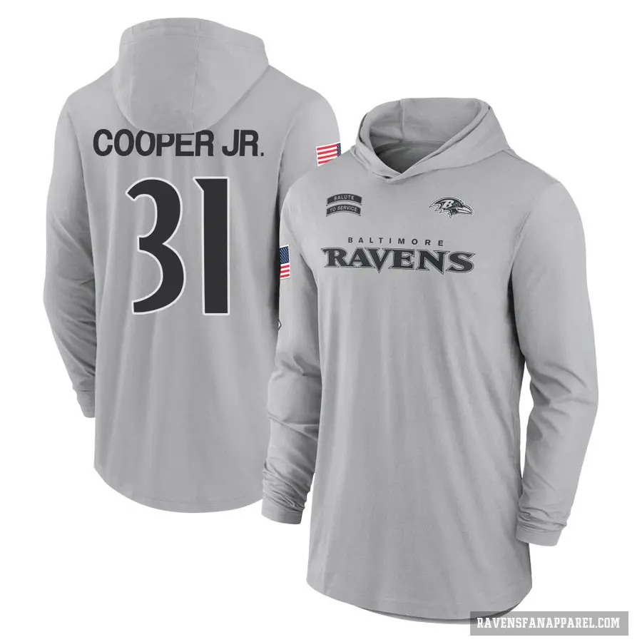 Men's ＃31 Bump Cooper Jr. Baltimore Ravens Gray 2024 Salute to Service Lightweight Performance Long Sleeve Hooded T-Shirt