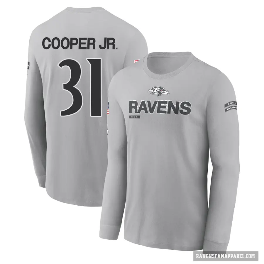 Men's ＃31 Bump Cooper Jr. Baltimore Ravens Gray 2024 Salute to Service Long Sleeve T-Shirt