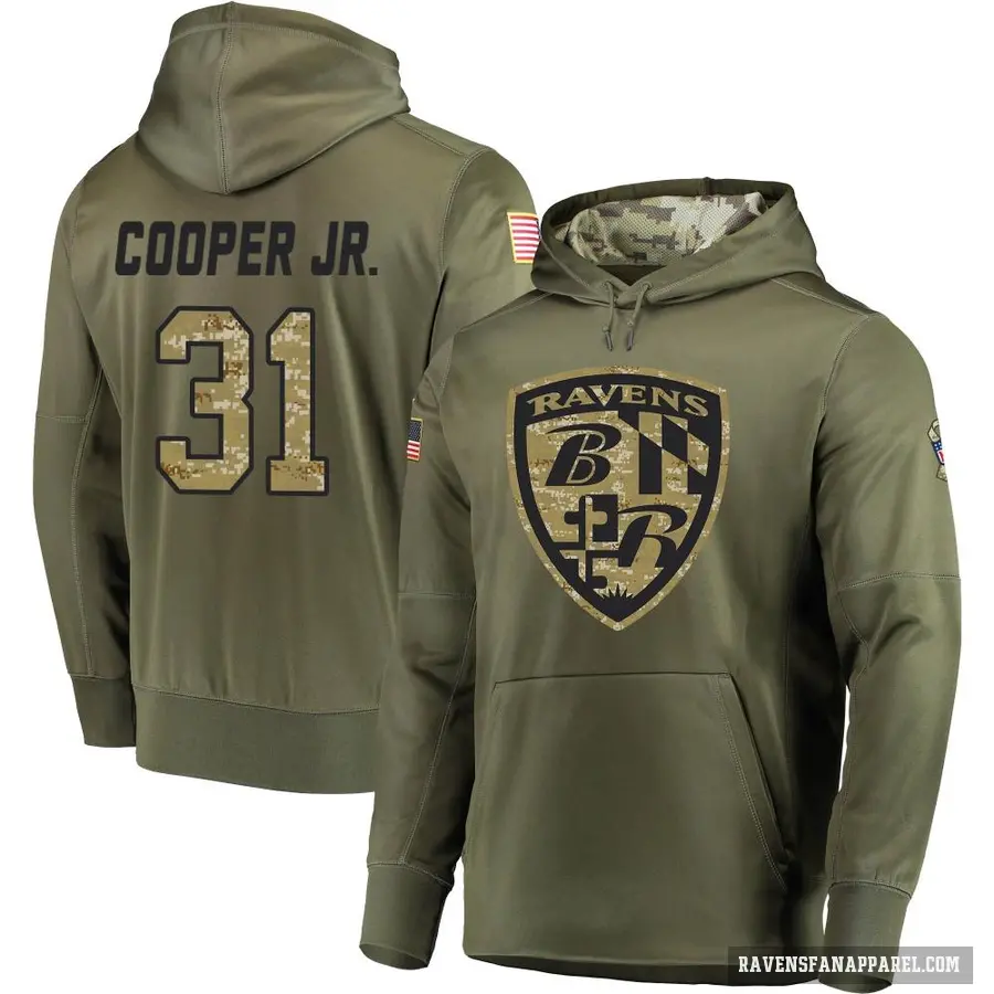 Men's ＃31 Bump Cooper Jr. Baltimore Ravens Olive Salute to Service Pullover Hoodie