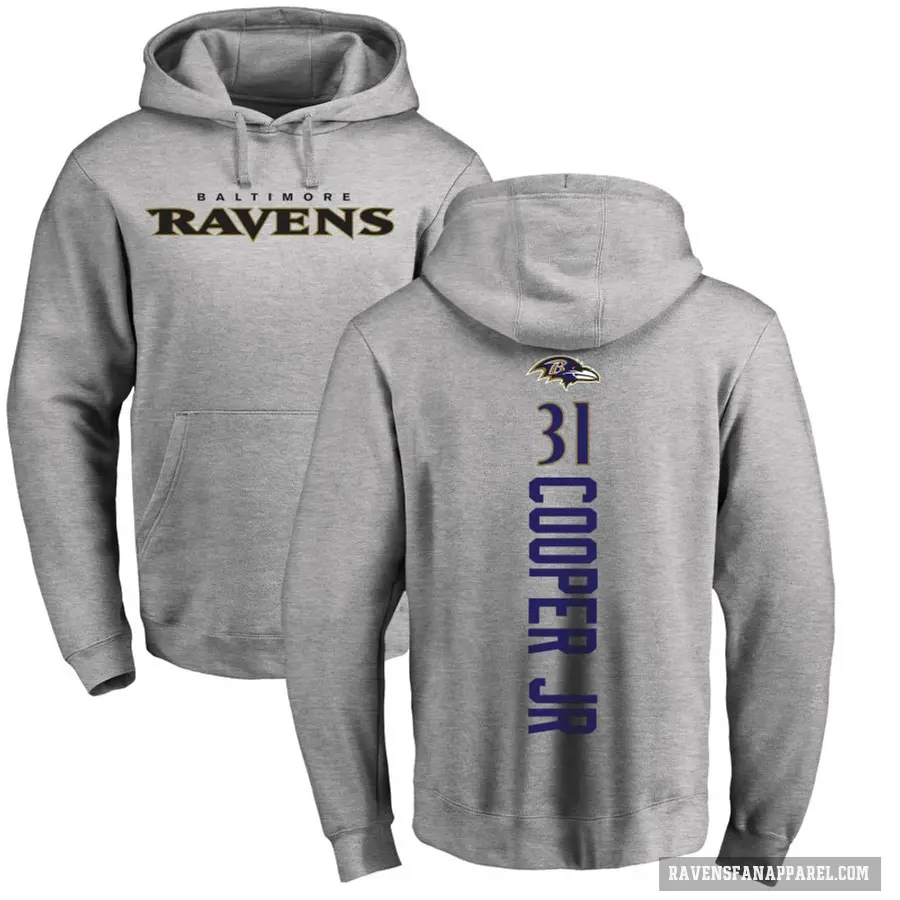 Men's ＃31 Bump Cooper Jr. Baltimore Ravens Pro Line Ash Backer Pullover Hoodie