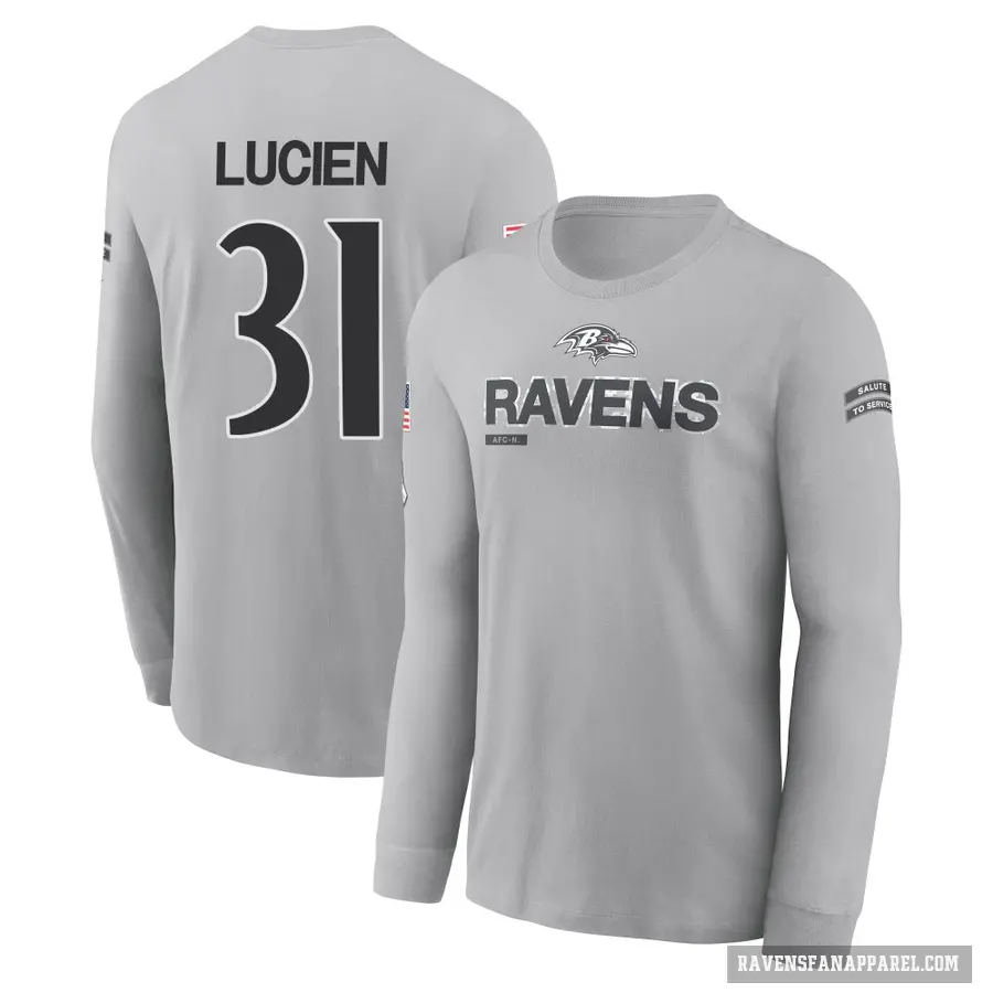 Men's ＃31 Jeremy Lucien Baltimore Ravens Gray 2024 Salute to Service Long Sleeve T-Shirt