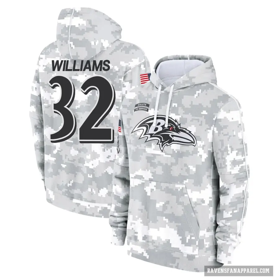 Men's ＃32 Marcus Williams Baltimore Ravens Arctic Camo 2024 Salute to Service Club Fleece Pullover Hoodie