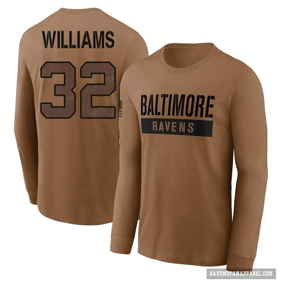 Men's ＃32 Marcus Williams Baltimore Ravens Brown / 2023 Salute To Service Long Sleeve T-Shirt