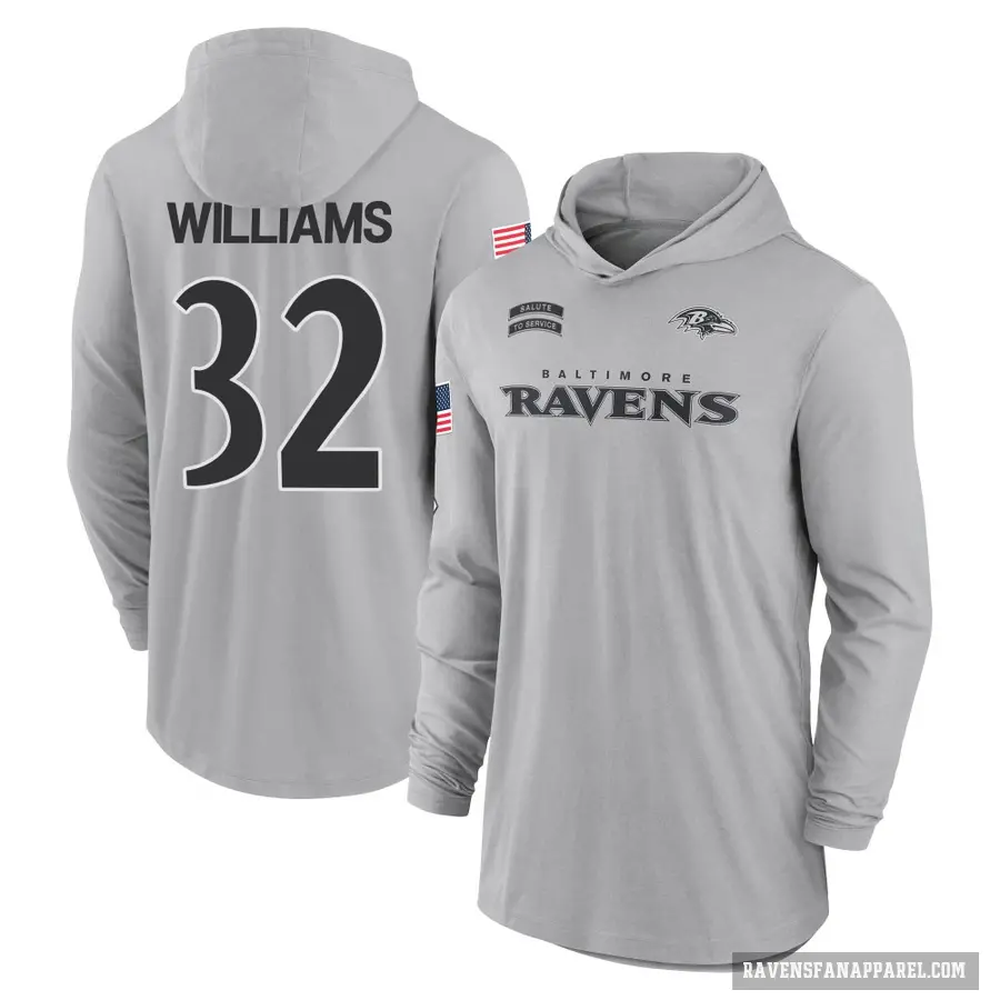 Men's ＃32 Marcus Williams Baltimore Ravens Gray 2024 Salute to Service Lightweight Performance Long Sleeve Hooded T-Shirt