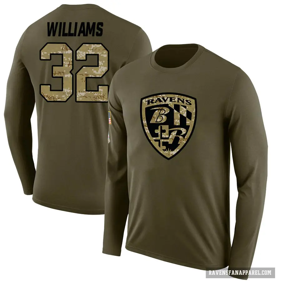 Men's ＃32 Marcus Williams Baltimore Ravens Olive Salute to Service Sideline Long Sleeve T-Shirt