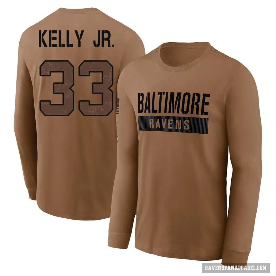 Men's ＃33 John Kelly Jr. Baltimore Ravens Brown / 2023 Salute To Service Long Sleeve T-Shirt