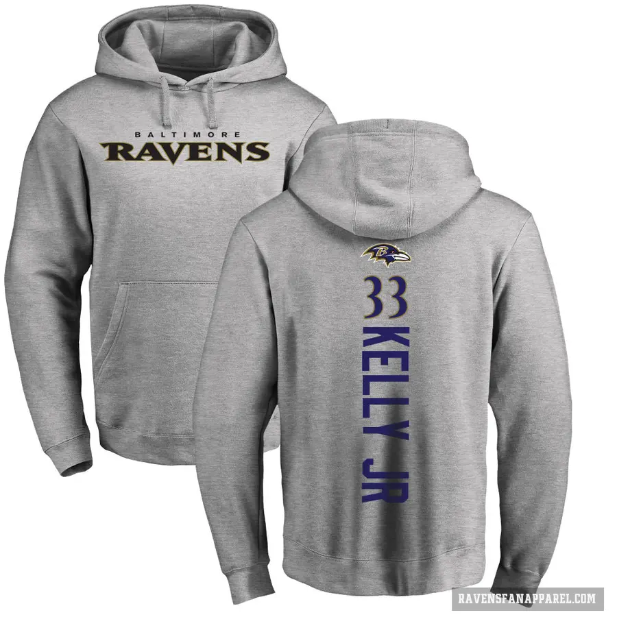 Men's ＃33 John Kelly Jr. Baltimore Ravens Pro Line Ash Backer Pullover Hoodie