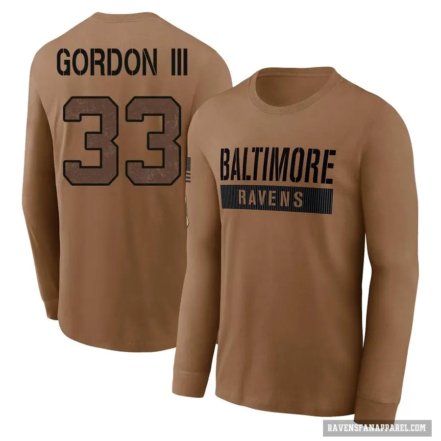 Men's ＃33 Melvin Gordon III Baltimore Ravens Brown / 2023 Salute To Service Long Sleeve T-Shirt