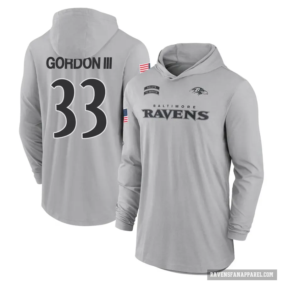 Men's ＃33 Melvin Gordon III Baltimore Ravens Gray 2024 Salute to Service Lightweight Performance Long Sleeve Hooded T-Shirt