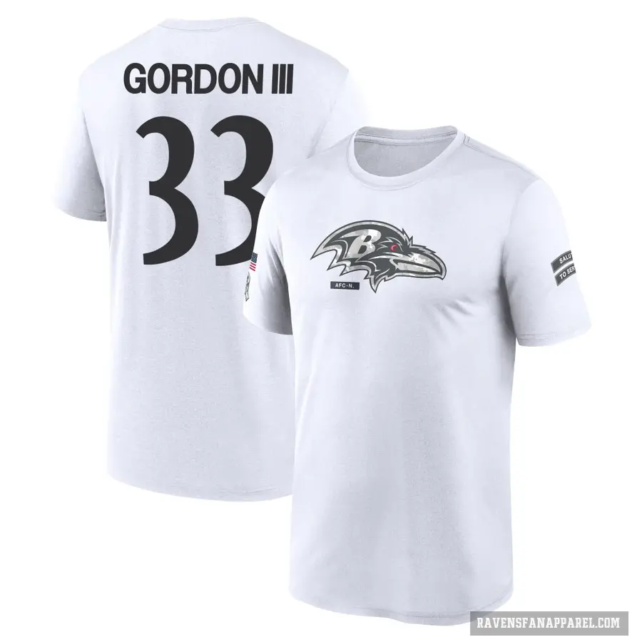 Men's ＃33 Melvin Gordon III Baltimore Ravens White 2024 Salute to Service Performance T-Shirt