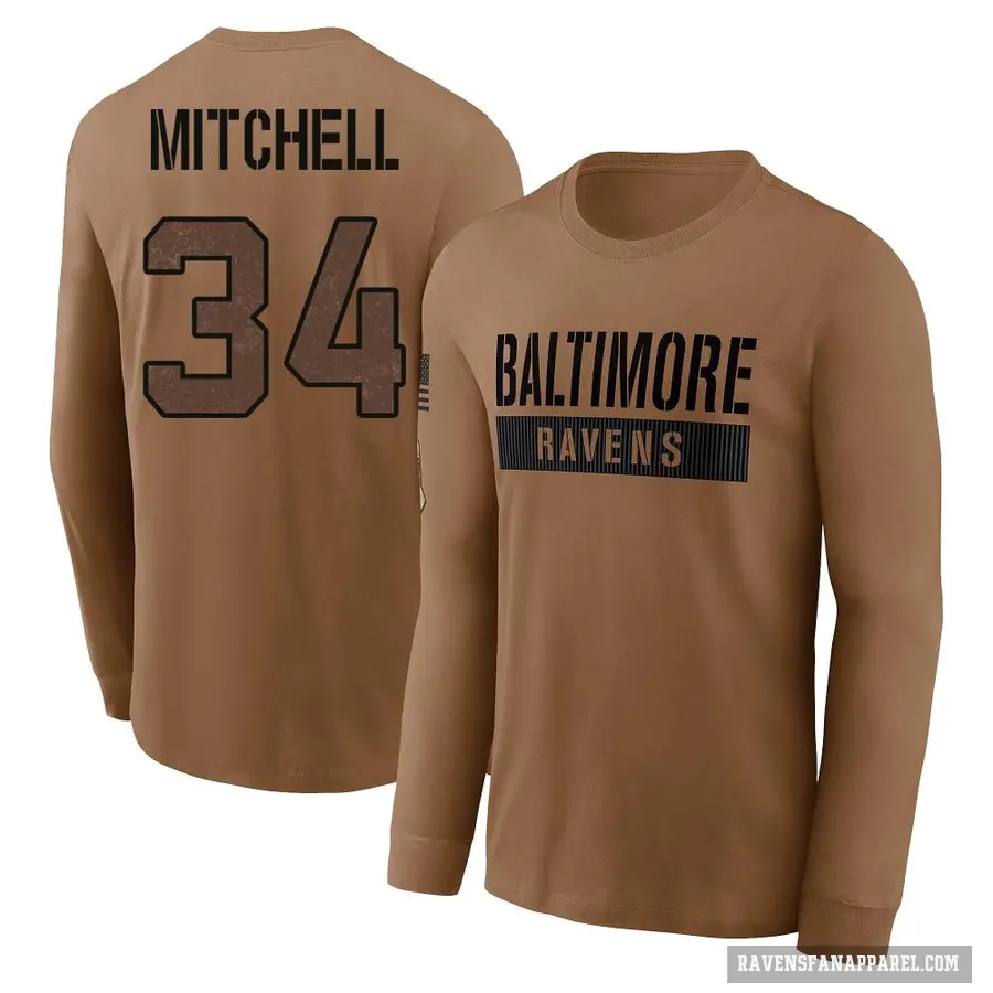 Men's ＃34 Keaton Mitchell Baltimore Ravens Brown / 2023 Salute To Service Long Sleeve T-Shirt