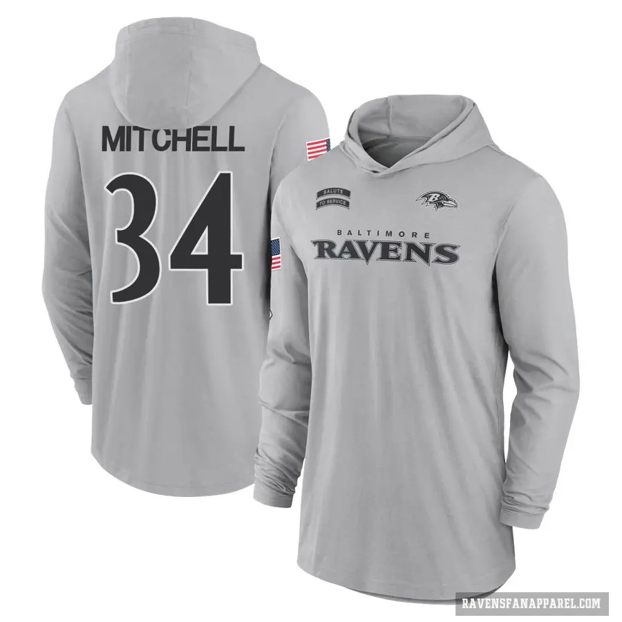 Men's ＃34 Keaton Mitchell Baltimore Ravens Gray 2024 Salute to Service Lightweight Performance Long Sleeve Hooded T-Shirt