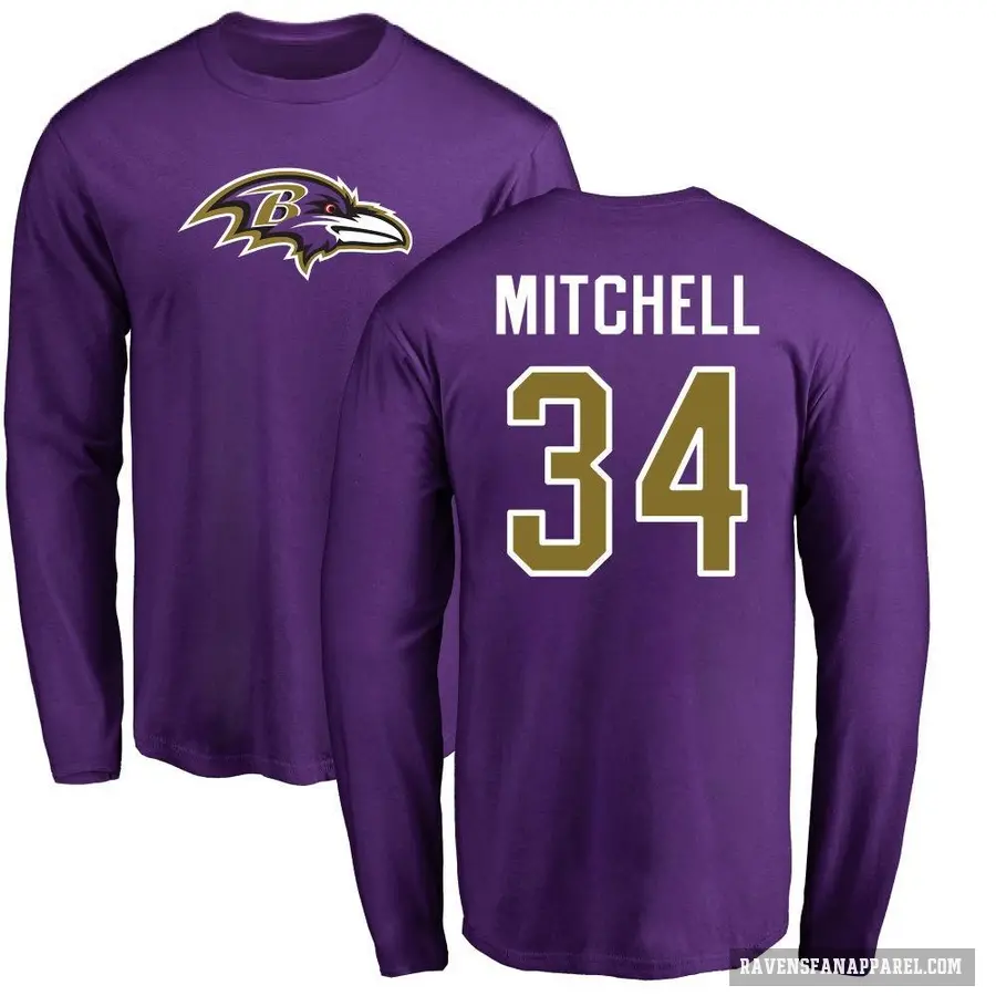 Men's ＃34 Keaton Mitchell Baltimore Ravens Purple Logo Long Sleeve T-Shirt