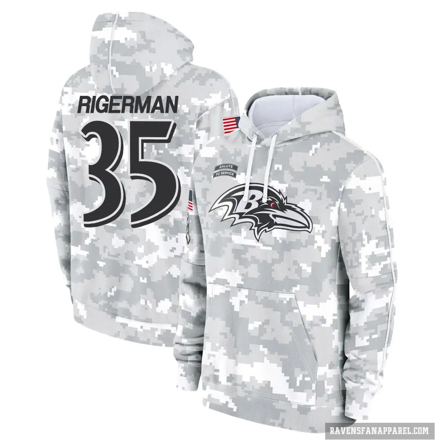 Men's ＃35 Mike Rigerman Baltimore Ravens Arctic Camo 2024 Salute to Service Club Fleece Pullover Hoodie