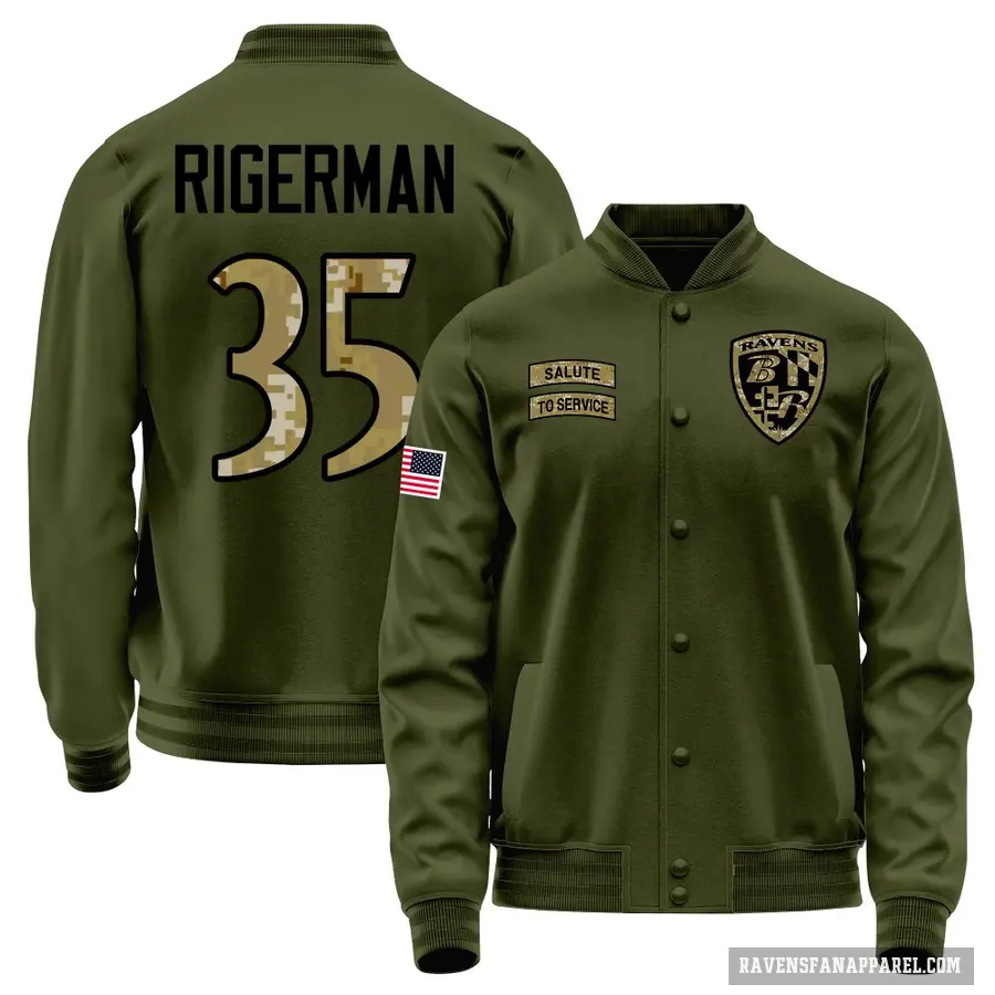 Men's ＃35 Mike Rigerman Baltimore Ravens Olive Salute to Service Sideline Performance Jacket