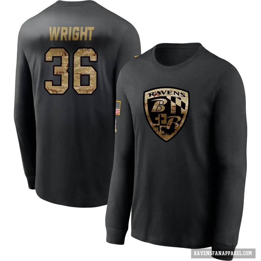 Men's ＃36 Owen Wright Baltimore Ravens Black 2020 Salute To Service Sideline Performance Long Sleeve T-Shirt