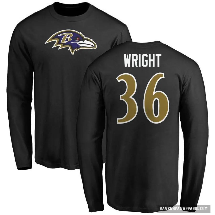 Men's ＃36 Owen Wright Baltimore Ravens Black Logo Long Sleeve T-Shirt