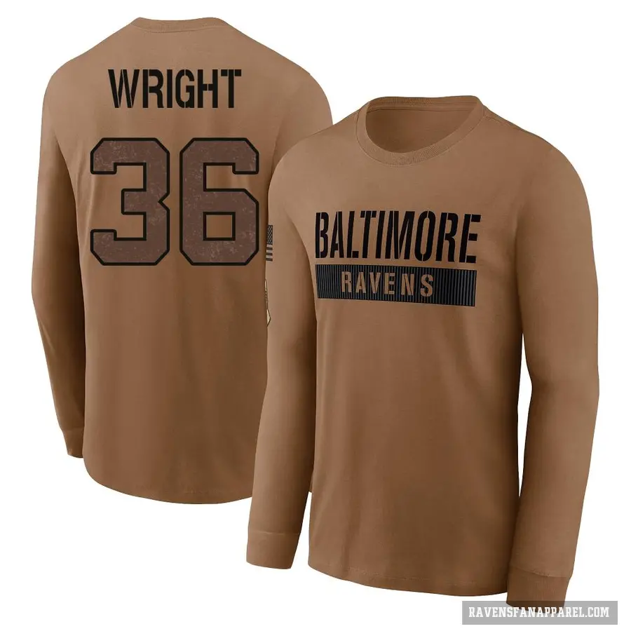 Men's ＃36 Owen Wright Baltimore Ravens Brown / 2023 Salute To Service Long Sleeve T-Shirt