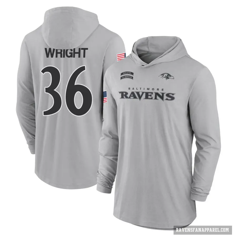 Men's ＃36 Owen Wright Baltimore Ravens Gray 2024 Salute to Service Lightweight Performance Long Sleeve Hooded T-Shirt