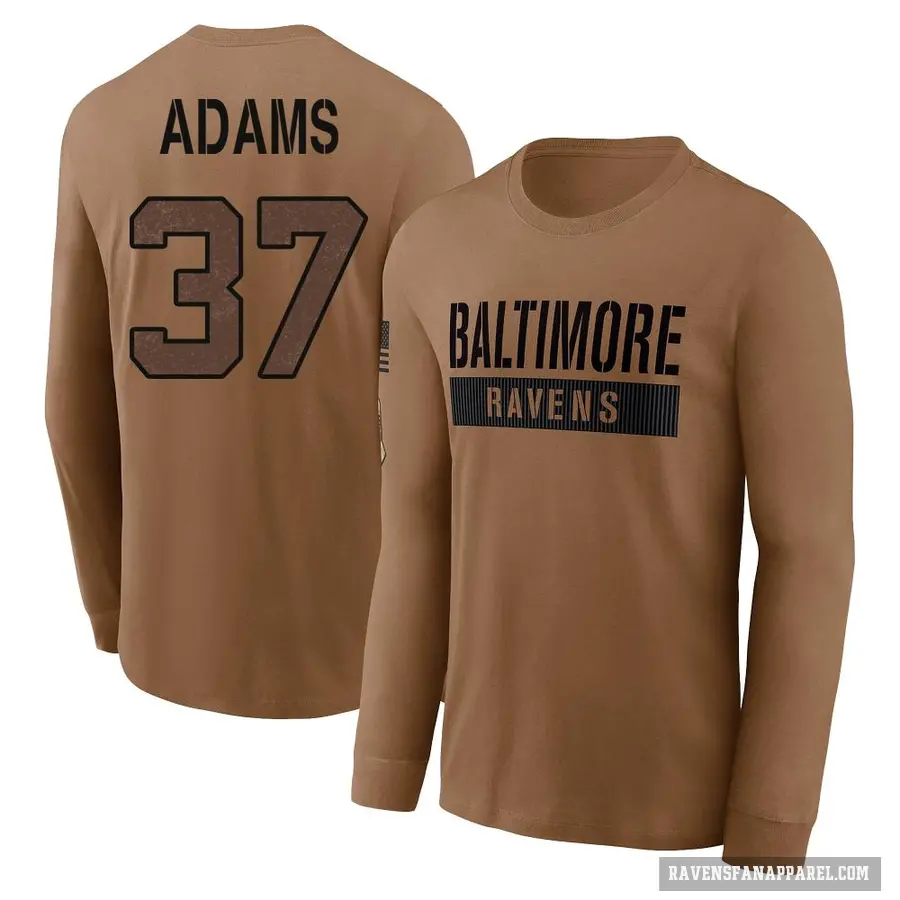 Men's ＃37 Andrew Adams Baltimore Ravens Brown / 2023 Salute To Service Long Sleeve T-Shirt