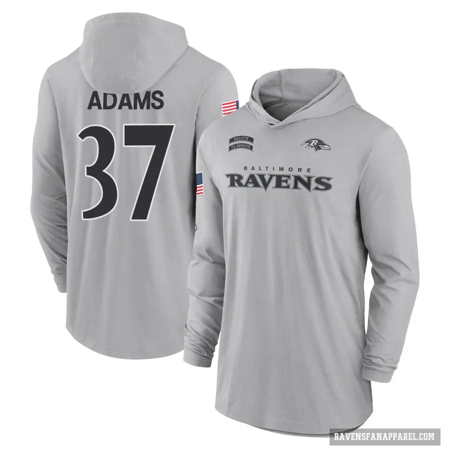 Men's ＃37 Andrew Adams Baltimore Ravens Gray 2024 Salute to Service Lightweight Performance Long Sleeve Hooded T-Shirt